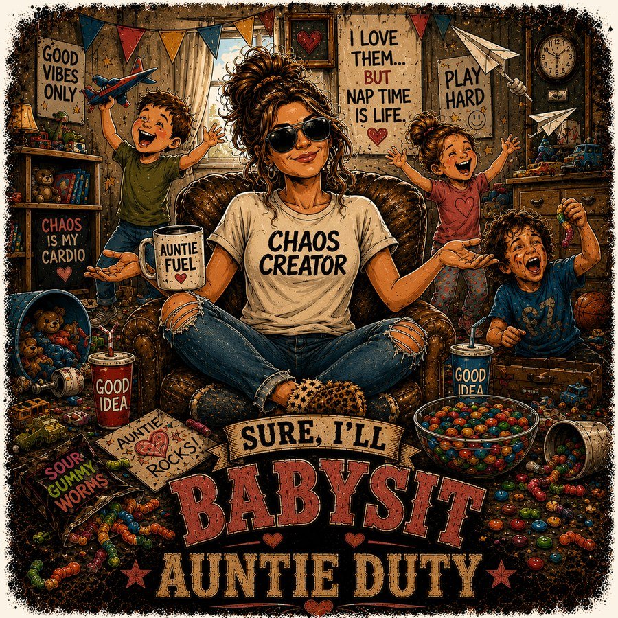 Chaos Creator auntie design, sure I'll babysit, surrounded by kids and candy