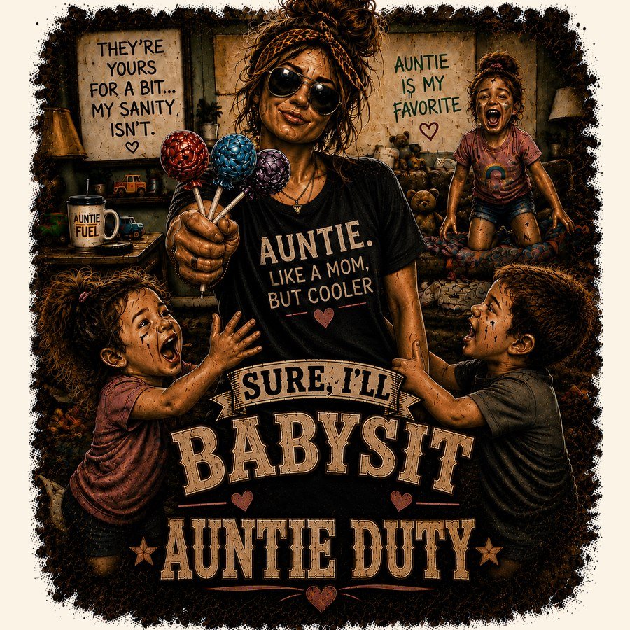 Auntie like a mom but cooler design with lollipops and laughing kids