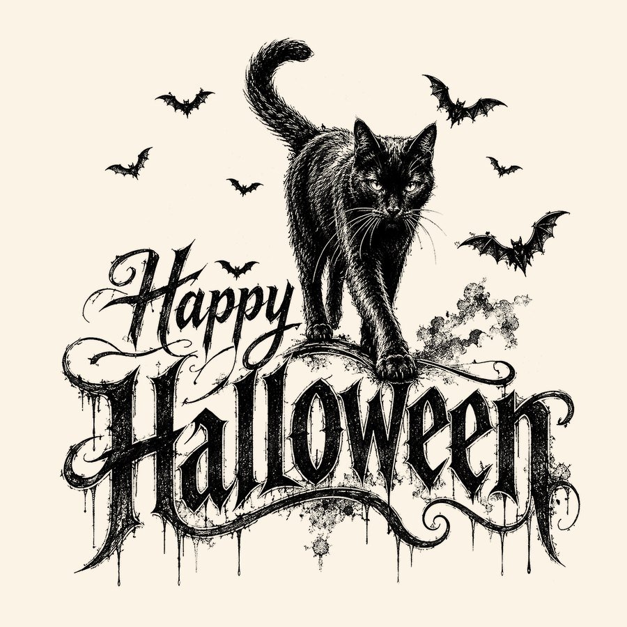 Happy Halloween black cat design with gothic lettering and bats