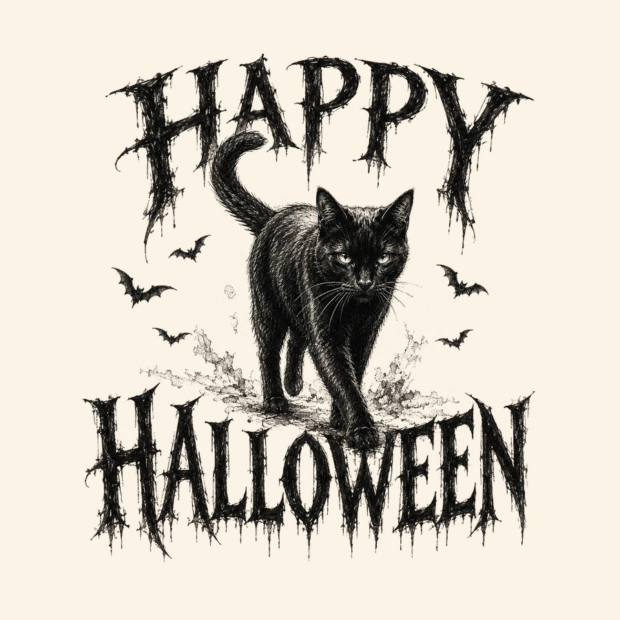 Grunge horror style Happy Halloween black cat design