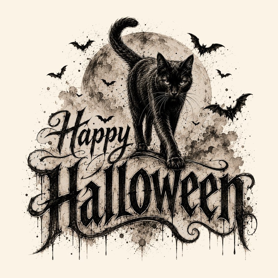 Black cat crossing a full moon with bats, Happy Halloween lettering