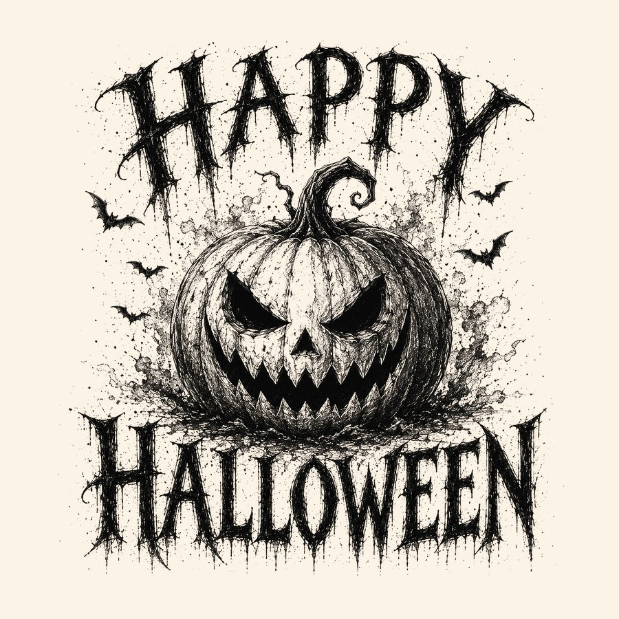 Scary carved jack-o'-lantern with Happy Halloween gothic lettering