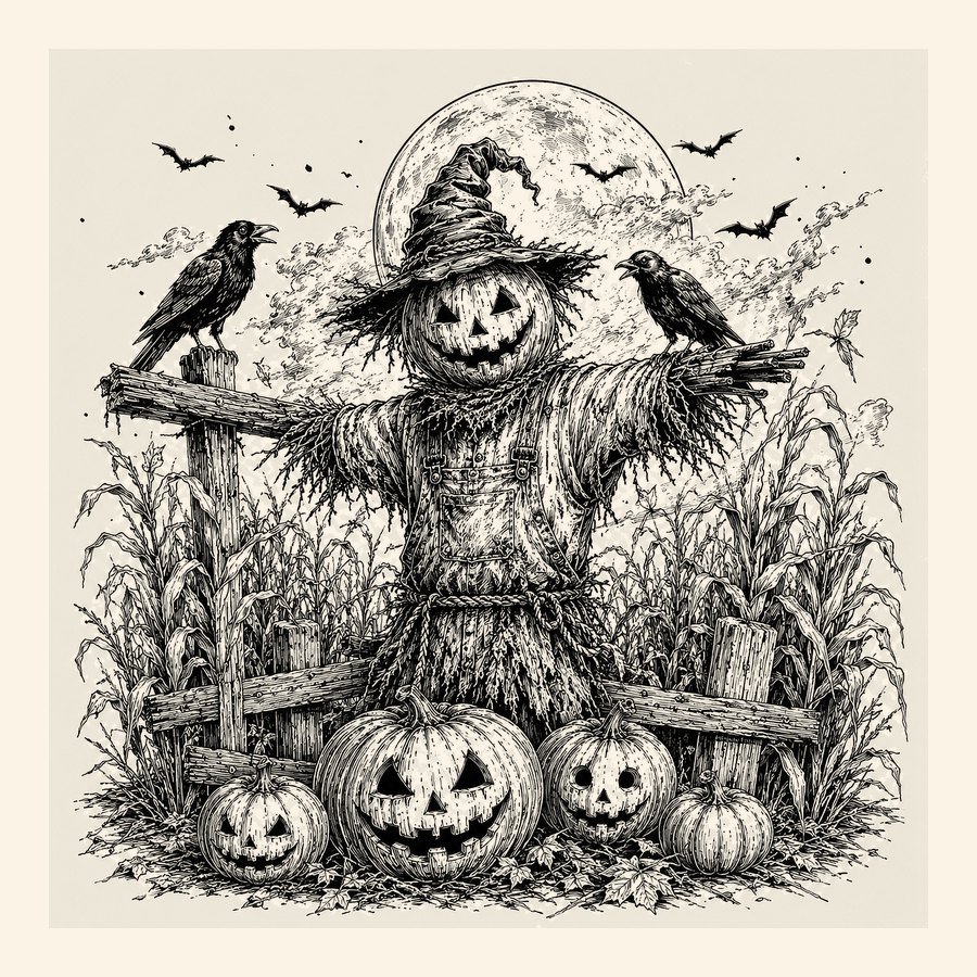 Pumpkin-headed scarecrow with crows and jack-o-lanterns in a cornfield, black and white