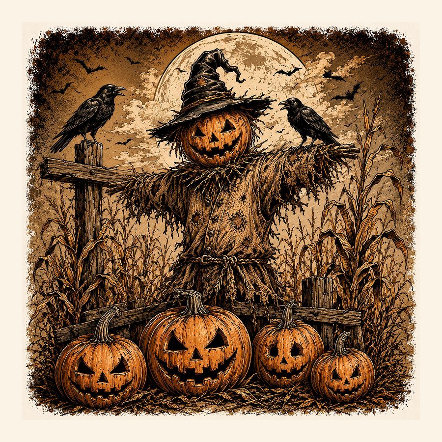 Vintage sepia pumpkin-headed scarecrow with crows and jack-o-lanterns in a cornfield