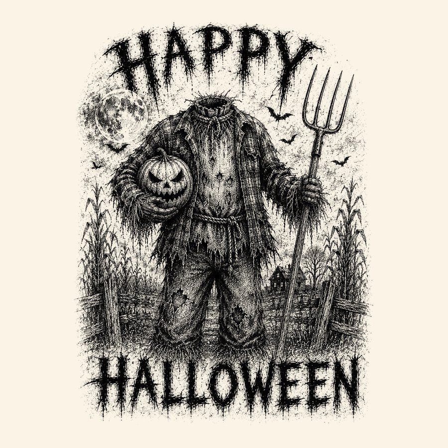 Pumpkin-headed scarecrow with a pitchfork in a moonlit cornfield
