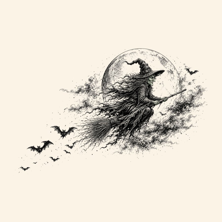 Green-faced witch riding a broomstick across the full moon with a trail of bats