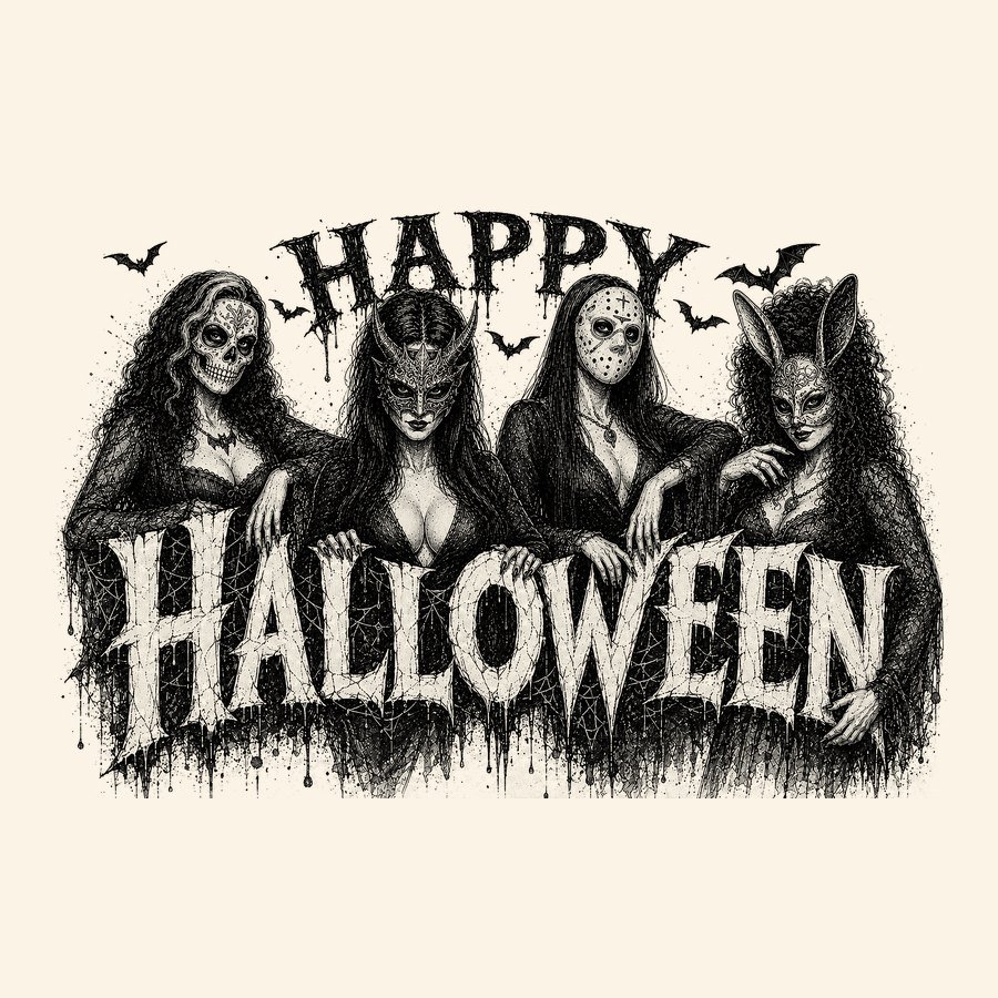 Four masked gothic women under dramatic Happy Halloween lettering