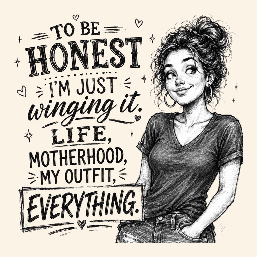 Messy bun mom winging it design, to be honest I'm just winging it life motherhood my outfit everything